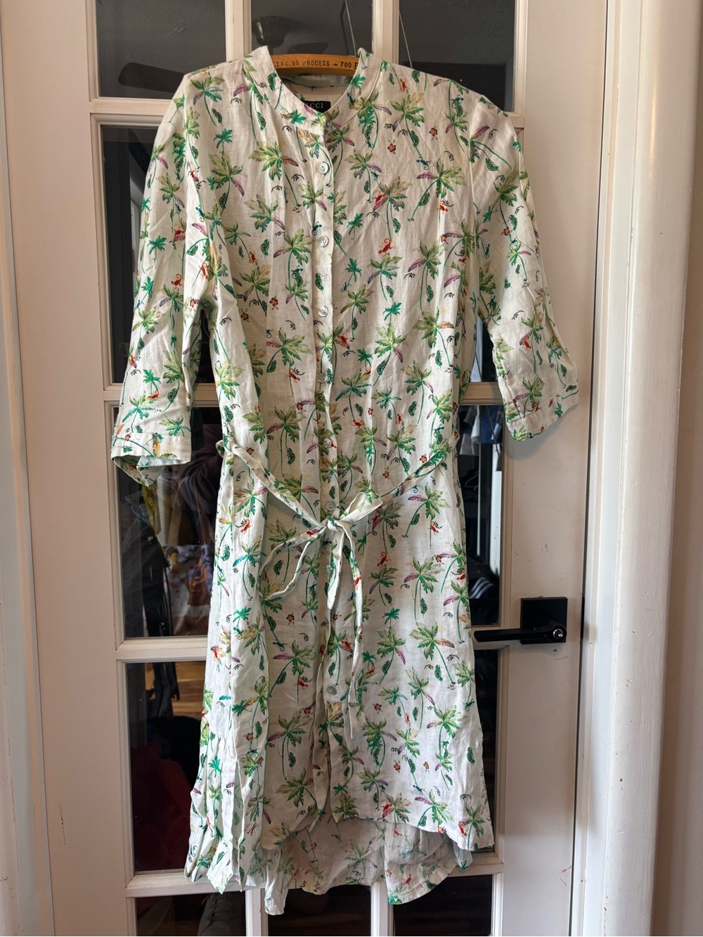 Women's White Tropical Print Asymmetrical Button-Front Dress with Tie waist. L